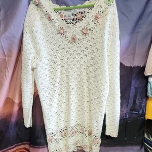 Elegant Cream Crochet Sweater with Floral Accents